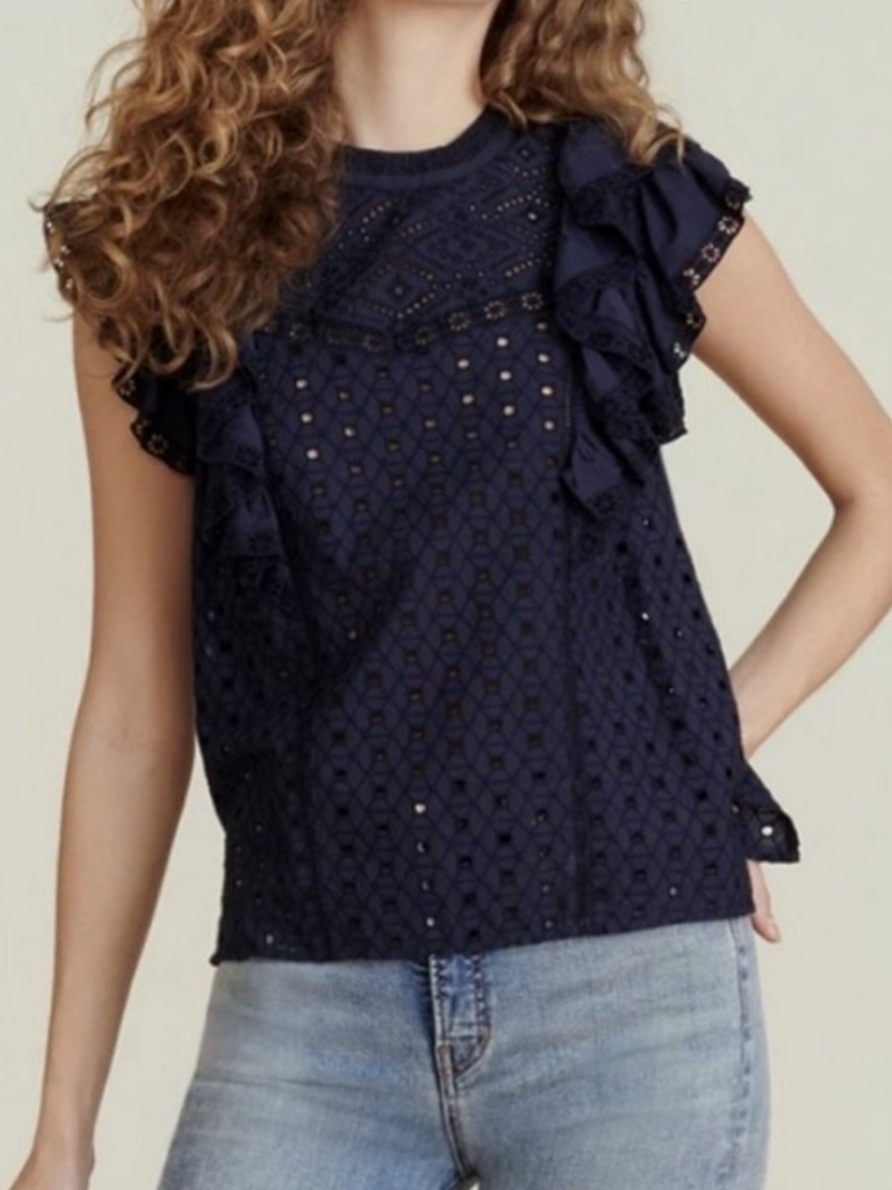 Veronica Beard Jie Eyelet Top Navy Size 6 Cotton Ruffle Blouse